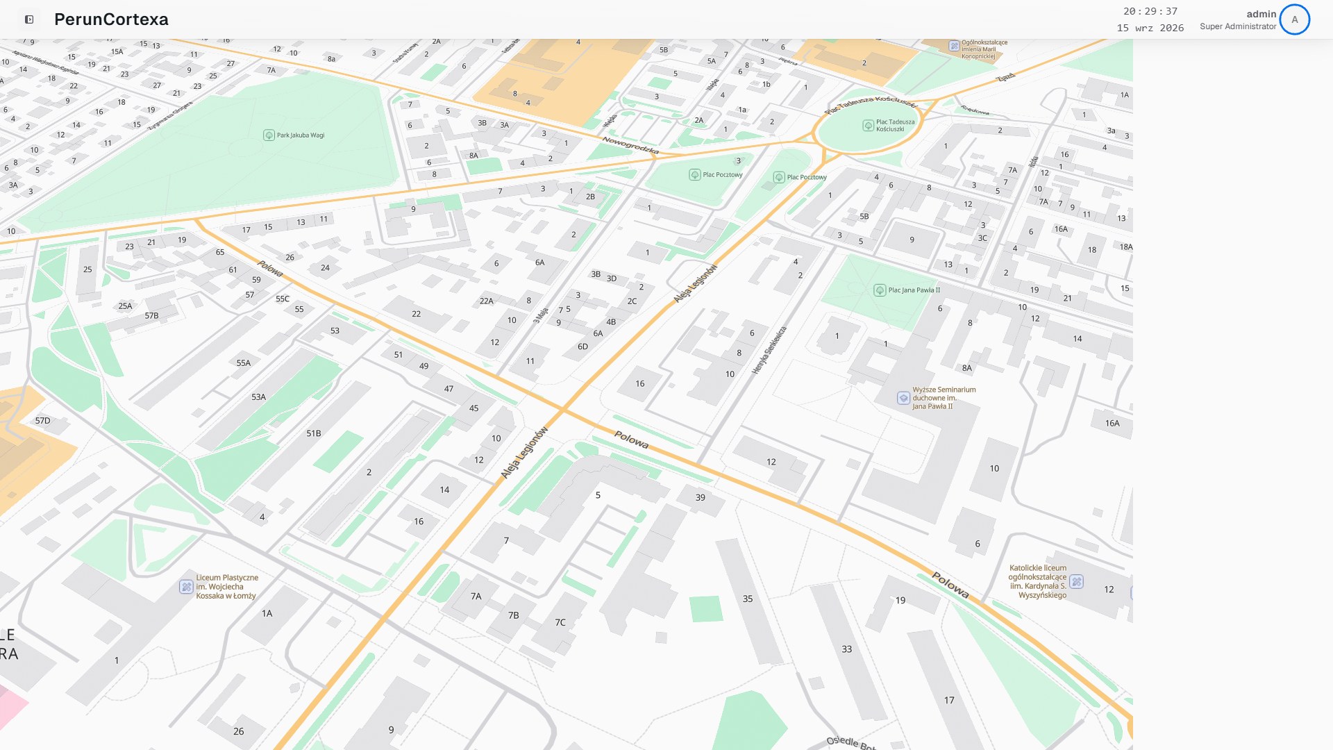 Mapa miasta w panelu Perun Cortexa